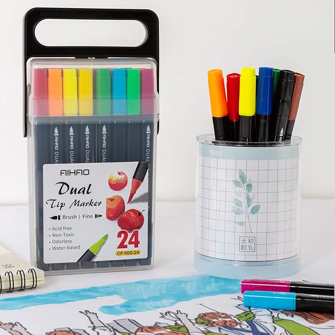 AIHAO Markers for Kids,Washable Markers With Stand Portable Box,Dual Tip Set, Brush & Fine Tips, 24 Pack, Art Supplies for Coloring, Doodling, Sketching, Drawing, Journaling