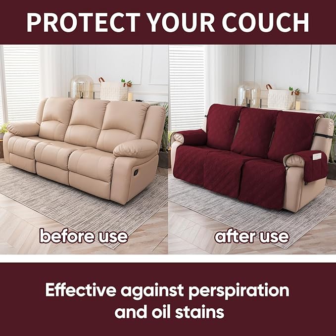 Easehomey Waterproof Recliner Sofa Cover,Non-Slip Reclining Sofa Covers for 3 Seat,Washable Reclining Sofa Cover Furniture Protector with Elastic Straps Pocket for Kids, Pets(Wine Red,3Seat)