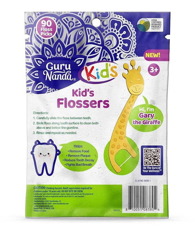 GuruNanda Dental Floss Picks for Kids, Extra-Long Giraffe-Shaped Picks with Fluoride, Anti-Slip & Shred-Resistant Design & Eco-Friendly Handle & Berry Flavor, Ideal for Ages 3+, 90 Count (Pack of 2)