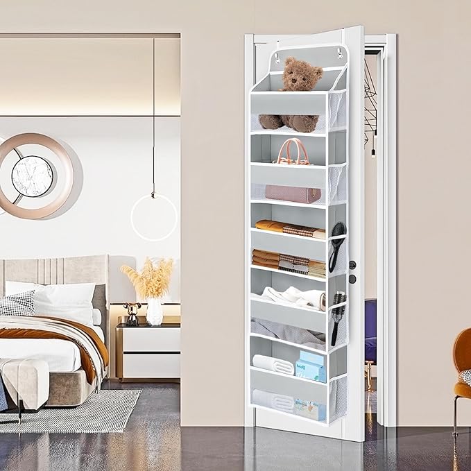 QINGUANG Over The Door Organizer,Hanging Organization and Storage, Behind Door Organizer with Side Pockets, 44 lbs Capacity,Anti Tilt, for Nursery, Bathroom, Bedroom,Dorm (5-Shelf)