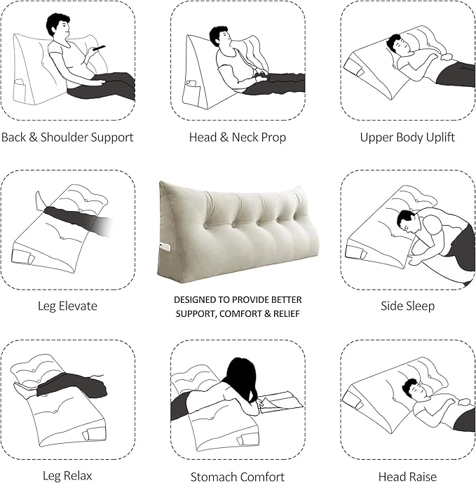 Headboard Wedge Pillow Large Bolster Reading Pillows for Sitting in Bed Adult,Velvet Triangular Cushion Backrest Lumbar Back Support Upholstered Daybed Sit Up Book Pillows(White,Full)
