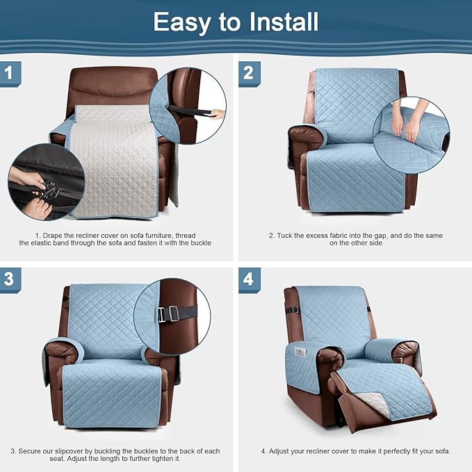 KinCam 100% Waterproof Recliner Chair Cover, Reclining Couch Covers for Pets, Dogs, Recliner Couch Slipcover Furniture Protector with Elastic Straps for Kids(23.6", Light Blue)