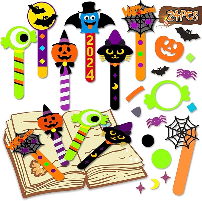 24 Piece Halloween Crafts for Kids Ages 4 8 12, Halloween DIY Bookmark Craft Bulk for Party Favors, Halloween Classroom Crafts Rewards Prizes for Students, Trick or Treat Goodie