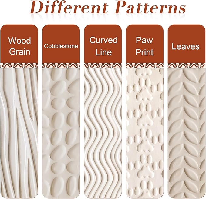 Set of 5 Wooden Handle Pottery Tools Clay Modeling Pattern Rollers Kit Brown (Set of 5)