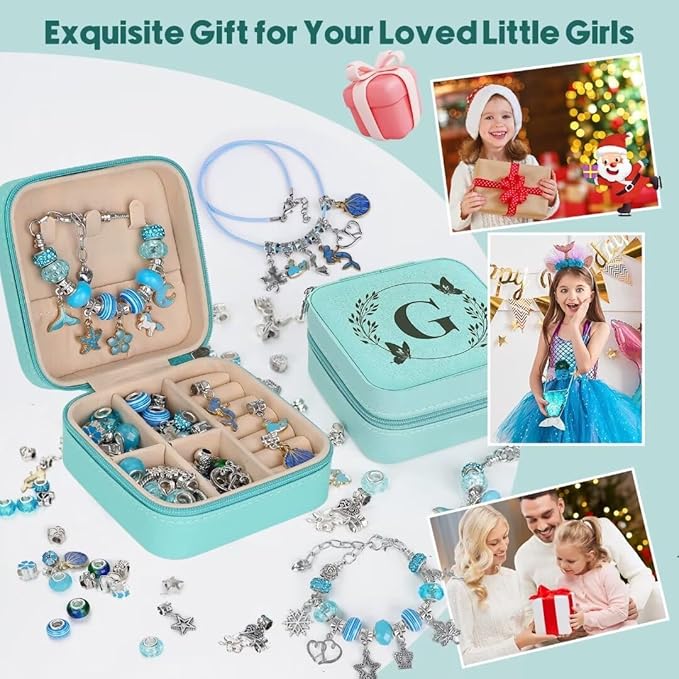 Charm Bracelet Making Kit, Kid Jewelry Making Kit for Girls 8-12, Unicorn Craft Kits for Teen Girls Toys Ages 3-10 Years Old Girl Gifts Trendy Stuff Birthday Christmas Gift with Initial Jewelry Box- G