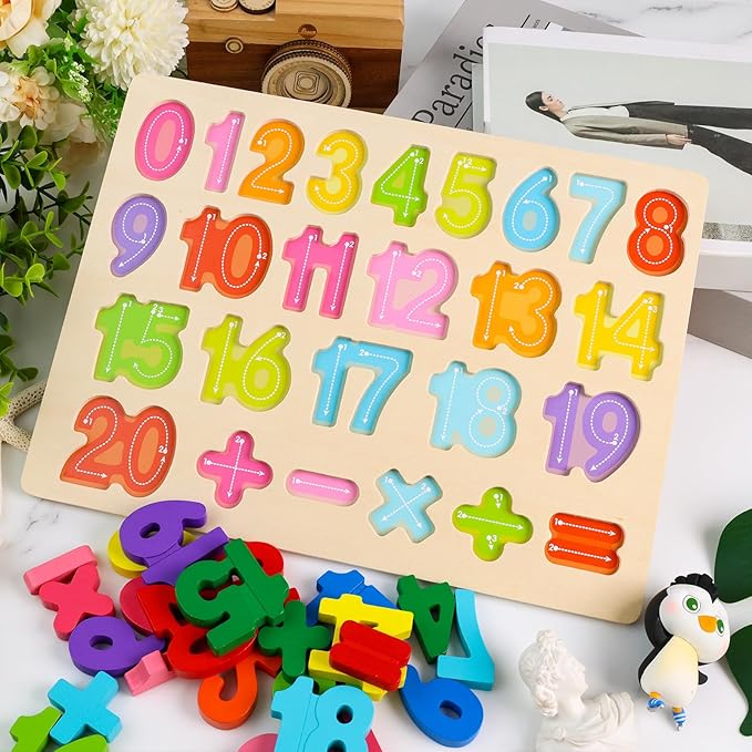 LovesTown Wooden Puzzles for Kids, Number Shape Puzzles Preschool Educational Toys Montessori Toddler Puzzles for Boys Girls