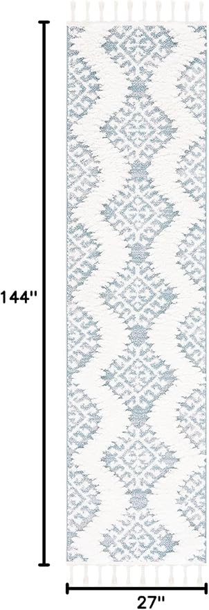 SAFAVIEH Moroccan Tassel Shag Collection Runner Rug - 2'3" x 12', Teal & Ivory, Rustic Trellis, Non-Shedding & Easy Care, 2-inch Thick Ideal for High Traffic Areas in Living Room, Bedroom (MTS652K)