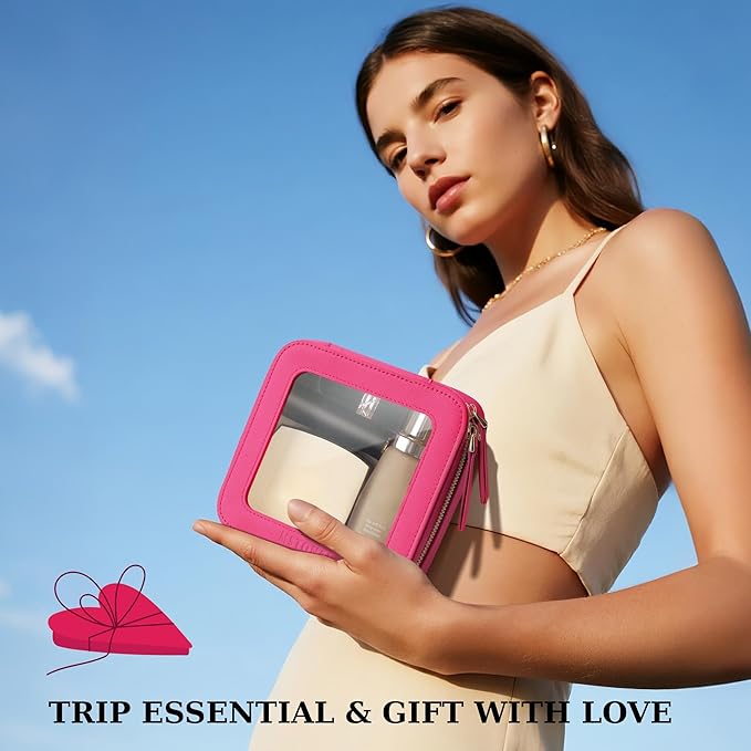 MSTONAL Clear Makeup Bag, Travel Toiletry Bag Cosmetic Case for Women, Waterproof Portable Small Make Up Skincare Pouch with Zipper, Compact Car Organizer Bag for Essentials, Mini Size, Hot Pink