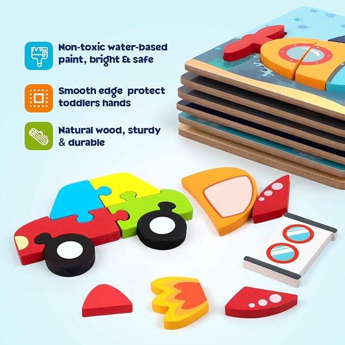 SYNARRY Wooden Vehicle Puzzles for 3 4 5 Years Old Boys Girls, Puzzles for Toddlers 2-4, Montessori Educational Toys Gifts with 6 Vehicles Transportation Puzzles, Vibrant Color Shapes