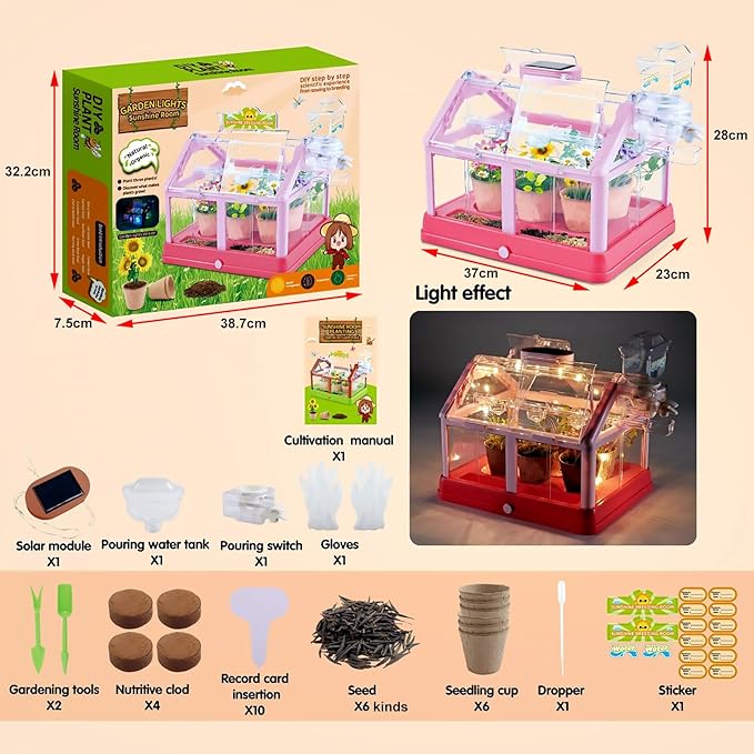 Kids Plant Growing Kit Greenhouse Growing Set Terrarium Kit Kids Science Educational DIY Plant Gardening Toy, Living Greenhouse with Solar Panel, Indoor Gardening Kit