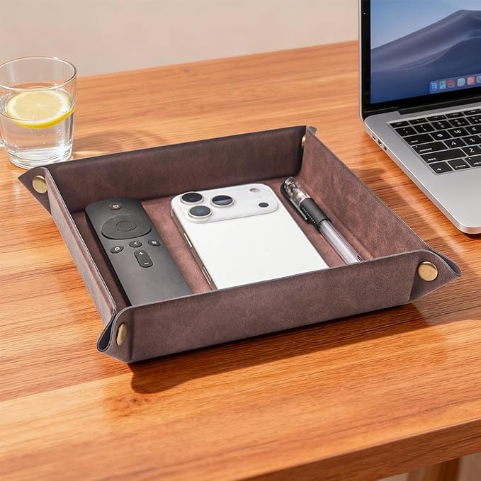 WAYIFON Valet Tray Desktop Storage Organizer – Premium PU Leather Catchall Bedside Vanity Tray Nightstand Caddy Holder for Remote Controller, Keys, Phone, Wallet, Coin, Jewelry,Brown