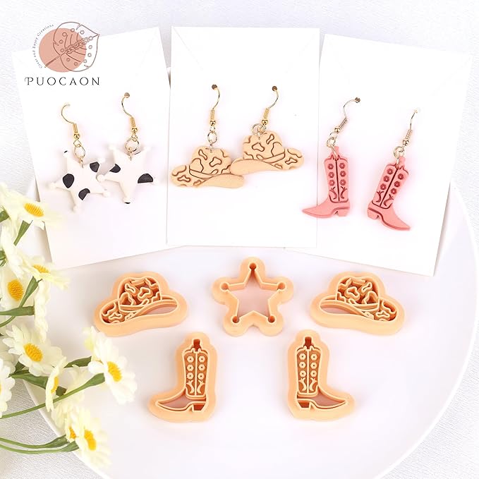 Puocaon Cowgirl Polymer Clay Cutters - 6 Pcs Clay Cutters for Polymer Clay Jewelry, Spot Cowboy Hat Shape Polymer Clay Earring Cutters, Star Clay Jewelry Cutters, Desert Boot Clay Cutters Set