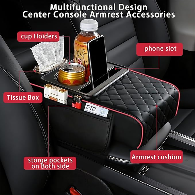 Car Armrest Cushion, Car Center Console Cover, Leather Armrest Cover for Car, Universal Middle Console Cushion with Storage Box, Cup Holder, Phone Slot, Waterproof Interior Accessories (black-red)