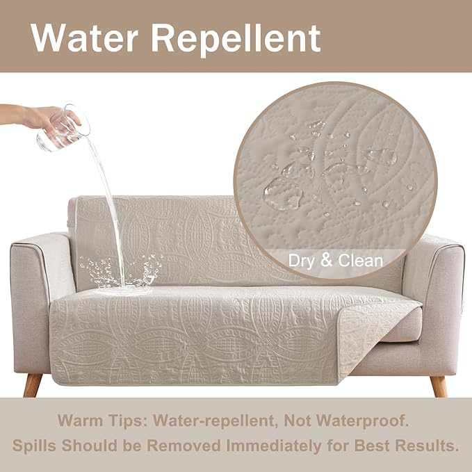 Quilted Beige Sofa Slipcovers with Pockets, Anti-Slip Medallion Couch Covers for 3 Cushion Sofa, Couch Cover for Dogs Cats Water-Repellent Machine Washable (Large Sofa 68", Beige Cream)