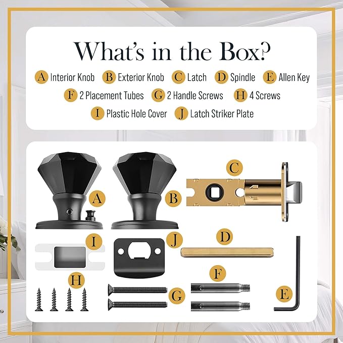 Black Crystal Door Knob with Lock, Glass Door Knobs Interior Privacy Set, Vintage Decorative Antique Style Handle for Bedroom, Bathroom, Closet, 1 Pack