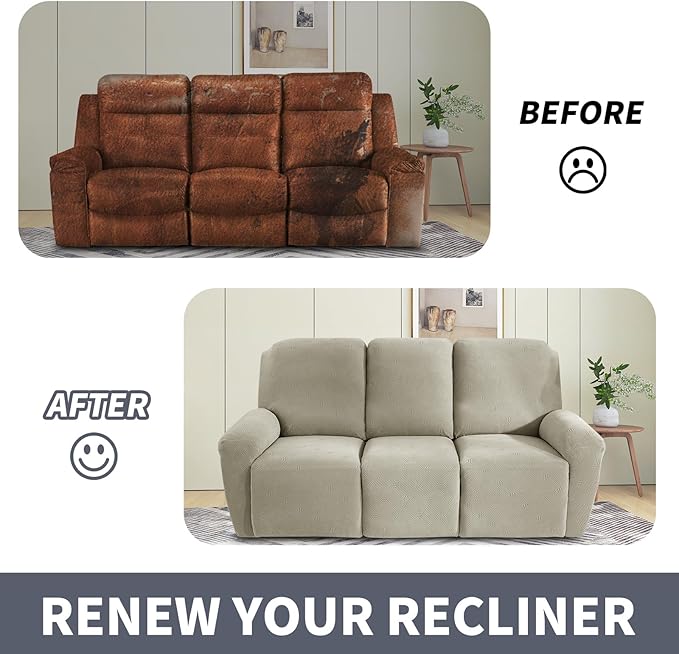 JIVINER Recliner Couch Cover, Jacquard 5 Piece Stretch Sofa Covers for 3 Cushion Reclining Lazy Boy Soft Washable Sofa Slipcovers Protector with Pockets (Recliner Sofa, Khaki)