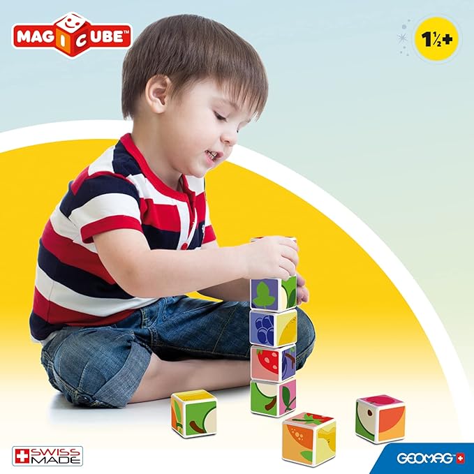 GEOMAG MagiCube Fruit 4-Piece Magnetic Cubes Building Set, Toddlers & Kids Ages 1.5+, STEM-Endorsed Educational Toy, Swiss-Made, Creativity & Early Learning Fun, 6 Adorable Building Ideas