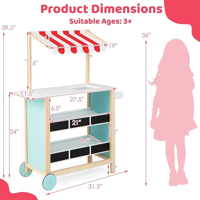 FUTADA Kids Grocery Store Prend Play Cart, Wooden Toy Shop with Ice Cream Toy, Scales, Bell, Chalkboards, Canopy, Wheels, Ice Cream Truck Toys for Kids, Gift for Boys Girls Ages 3+ (Red)