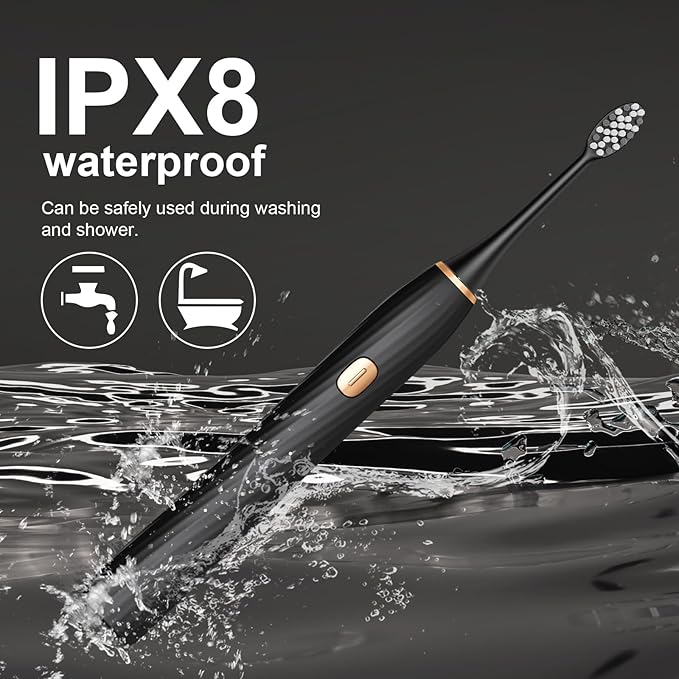Electric Toothbrush for Adults and Kids, Sonic Electric Toothbrush, 4 Modes and 2 Minute Timer, 30000-45000VPM Power Toothbrush, IPX8, One Charge for 90 days 8 Replacement Head, Christmas Gift (Black)