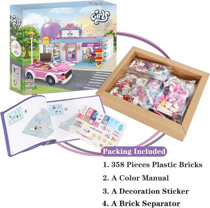 BRICK STORY Girls Friends Hair Salon Building Kit with 2 Mini People 5 Dolls Hair Creative Girls Friends Sets 358 Pieces with a Pink Convertible Car STEM Building Toys Gifts for Kids Age 6-12 and Up