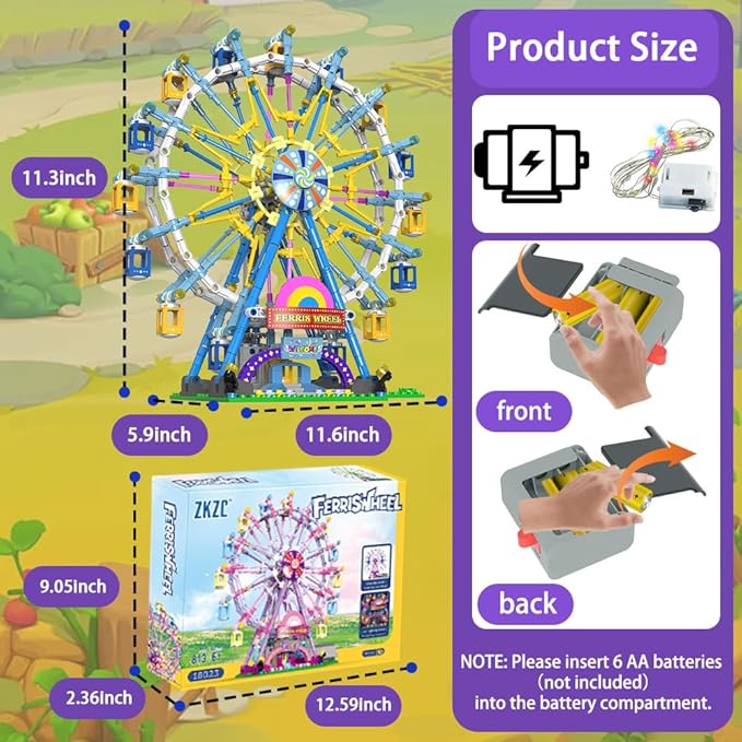 Rotating Ferris Wheel Building Blocks Set Toys with Lighting Kit, Carnival Amusement Park Construction Kits for Kids Children, Great Gift for Age 6+ Years Old(813pcs)-Pink
