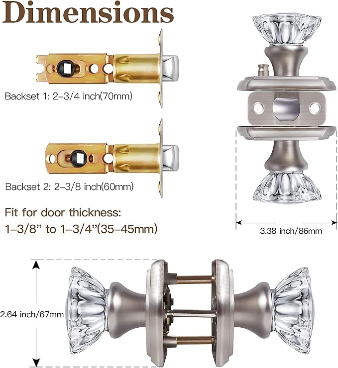 Premium Glass Door Knobs for Interior Doors, Bathroom Bedroom Door Knobs with Lock, Door Knobs Interior Brushed Nickel