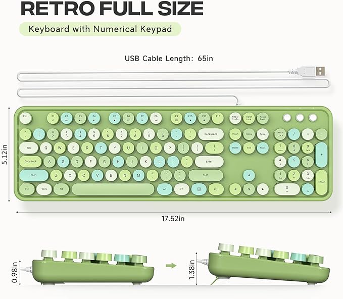 Wired Keyboard, 104 Keys Full-Sized Typewriter Keyboards, USB Plug Play Office Keyboard with Number Pad, Caps Indicators, Foldable Stands for Windows, PC, Laptop, Desktop (Green Colorful)