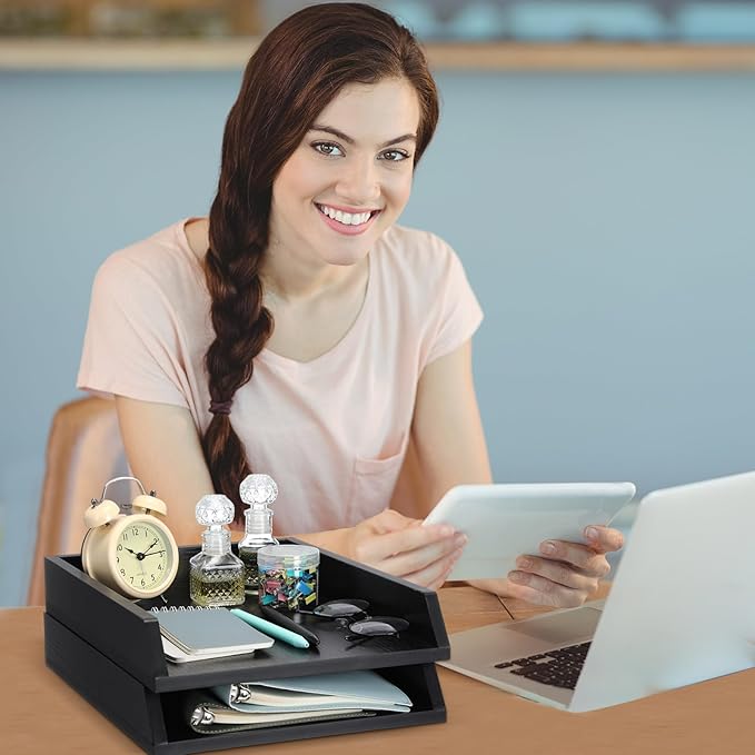 DoubleFill 2 Pcs Wooden Letter Trays Wood Letter-Size Desk Organizer Heavy Duty 2 Tier Stackable Supports Paper Tray Desktop Drawer Organizer File Folder Magazine Office Accessories (Black)