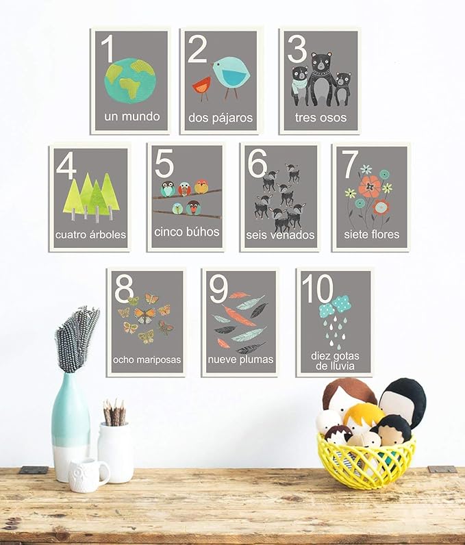 Our World Counting Cards in Spanish, Number Flash Cards, Set of Ten 08x10 Inch Print Wall Art Prints, Nursery Wall Decor, Kid's Art Decor, Gender Neutral Nursery, Nature