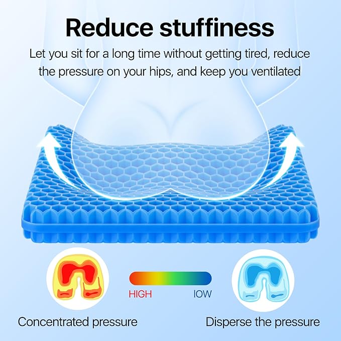 Gel Seat Cushion, Cooling seat Cushion (Super Large & Thick), Breathable Honeycomb Design Absorbs Pressure Points Seat Cushion, Gel Cushion for Office Chair, Home Car seat Cushion for Wheelchair