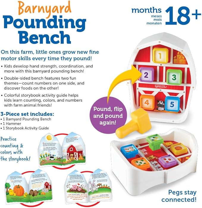 Learning Resources Barnyard Pounding Bench, Farm Animals for Kids, Fine Motor Skills, Kids Easter Gifts , Ages 18 Months+, 3 Pieces