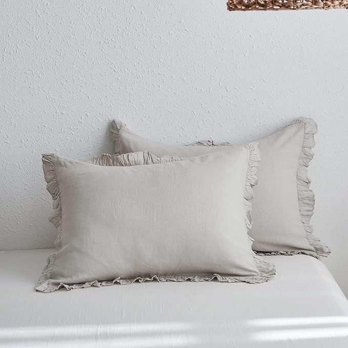 Simple&Opulence 100% Linen Duvet Cover Set, 3 PCS Natural French Flax Light Grey Ruffle Duvet Cover Queen Size, Breathable Comfy Linen Bedding Comforter Cover with 2 Pillowcases(Light Grey, 88" X 92")