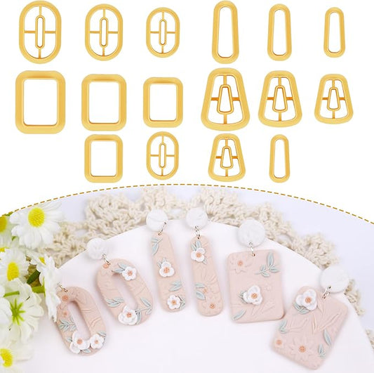 Puocaon Basic Clay Cutters Set - 16 Pcs Clay Cutters for Polymer Clay Earrings Making, Oval Rectangle Shape Clay Cutters, Dangle Earring Cutters for Polymer Clay, Floral Clay Earrings Making Supplies