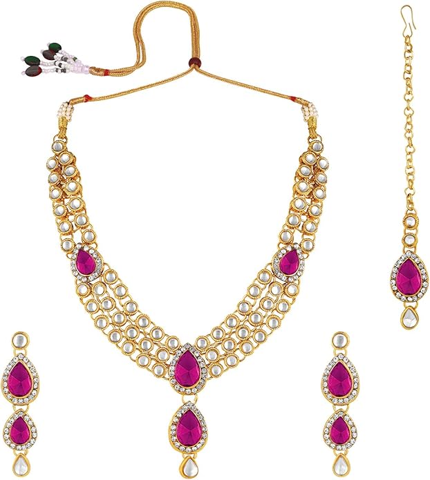 Aheli Indian Traditional Bollywood Kundan Maang Tikka Earrings Necklace Set Ethnic Jewelry Gift for Women Green Blue