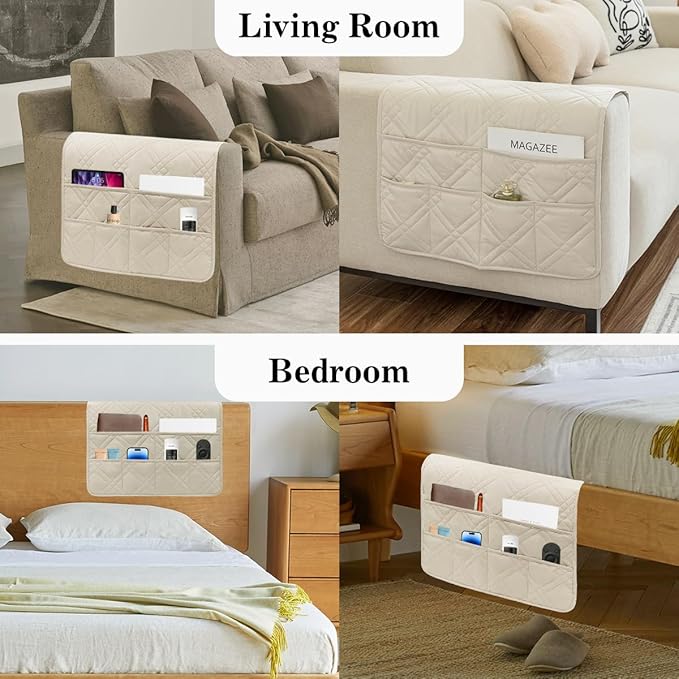 Couch Armrest Organizer Remote Control Holder Bedside Caddy with 6 Pockets, Non-Slip Armchair Caddy Sofa Armrest Organizer for Tv Remote Control, Magazine, Cell Phone, Beige