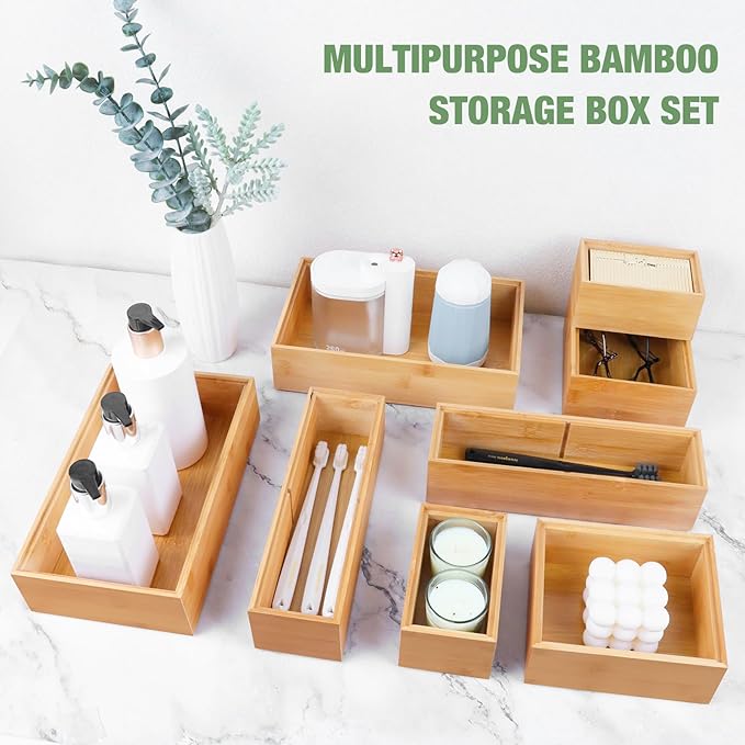 Bamboo Drawer Organizer Set, 8 PCS Multi-Use Wood Drawer Storage Boxes, Junk Drawer Organizer Divider Bins for Kitchen, Bathroom, Office Desk, Makeup, Jewelry, Utensils
