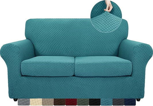 MAXIJIN 3 Piece Jacquard Couch Covers for 2 Cushion Couch Stretch Non Slip Love Seat Couch Cover for Dogs Pet Friendly Elastic Furniture Protector Loveseat Slipcovers (Loveseat, Peacock Blue)