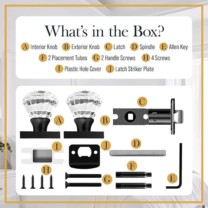 Clear Crystal Door Knob, Square Base, Glass Door Knobs Interior Non-Locking Set, Antique Decorative Vintage Style for Hallway, Closet, Passage Doors, 1 Pack