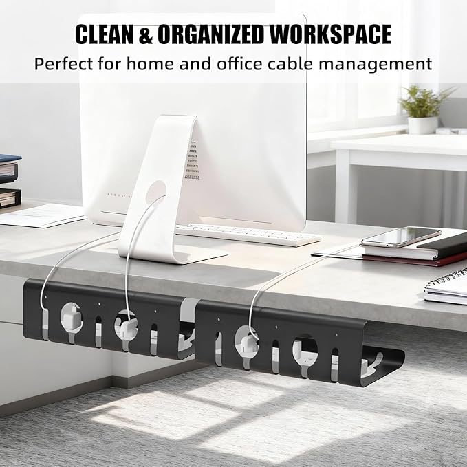 2 Pack Under Desk Cable Management Tray, 16.5" L x 4.7" W x 4.3" H, Wire Organizer for Power Strip, Tape Mount or Screw Mount, Easy Install Cord Raceway for Desk & Home