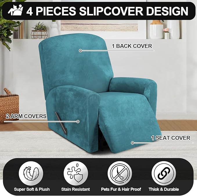 FestiCorp Recliner Chair Covers Real Velvet 4-Pieces Recliner Covers for Small Lazy Boy Recliner Chair Stretch Recliner Sofa Slipcovers Protector with Side Pocket & Elastic Bottom, Peacock Blue