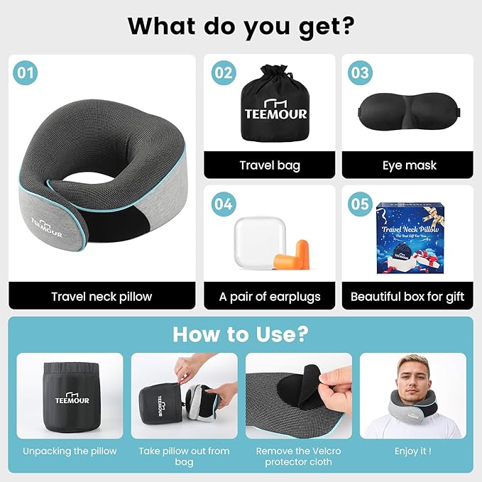 Upgraded Travel Neck Pillow Airplane- 360ยฐ Support Travel Pillows for Airplanes, Stocking Stuffers Gifts for Travellers With Eye Mask & Earplugs, Portable Carry Bag for Long Flights|Travel Essentials