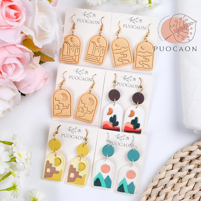 Puocaon Boho Polymer Clay Cutters - 6 Pcs Clay Cutters for Polymer Clay Earrings Making, Boho Landscapes Arch Clay Cutters, Embossing Scene Desert Sun Moon Clay Cutters for Jewelry Making