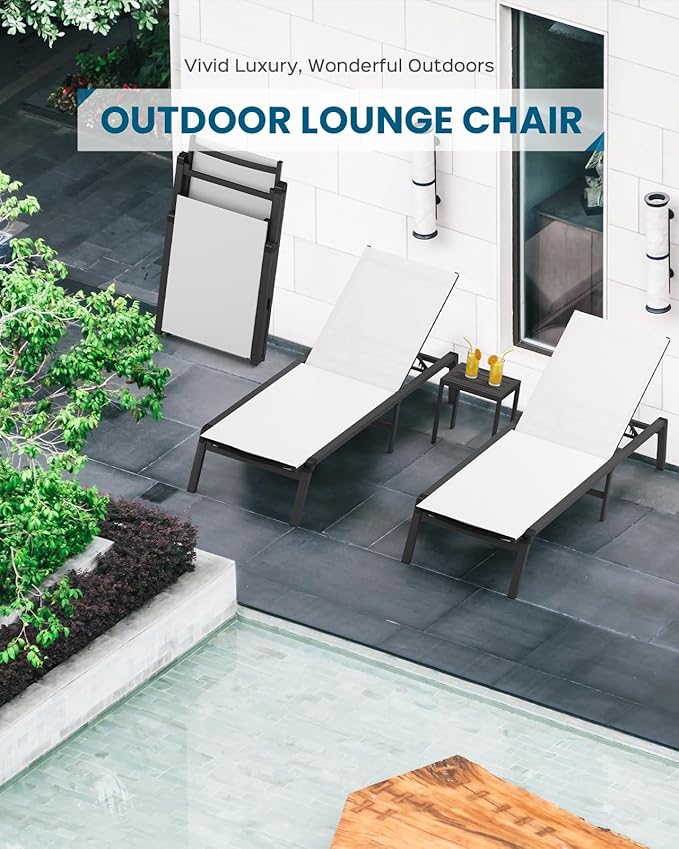Pool Lounge Chairs Set of 2, Foldable Aluminum Chaise Lounge Outdoor with 5 Positions Recliner - Free Assembly - Patio Chaise Lounge Chair for Poolside, Beach, Yard (White, 2 Pack)