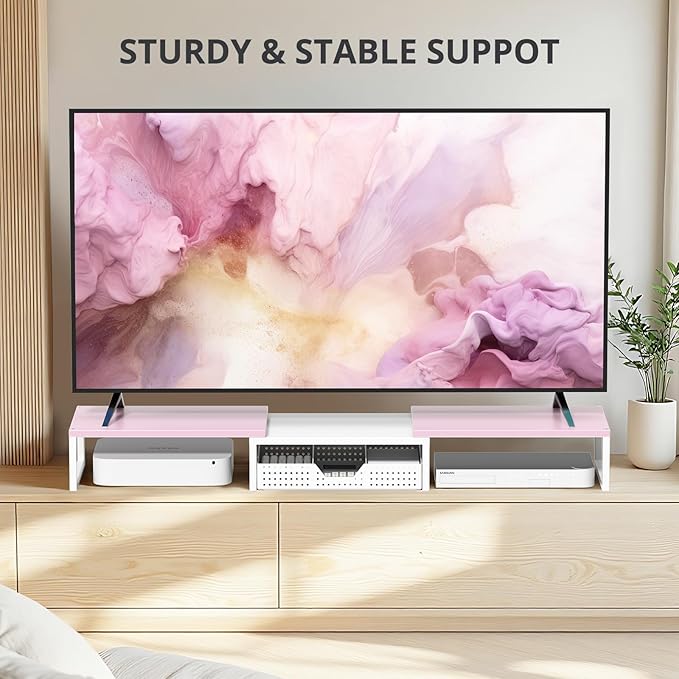 OPNICE Wood Desk Organizers and Accessories, Dual Monitor Stand Riser with Drawer and 2 Pen Holders, Desk Shelf Computer Racks for Office Workspace Organizers, Desktop Organization (Pink& White)