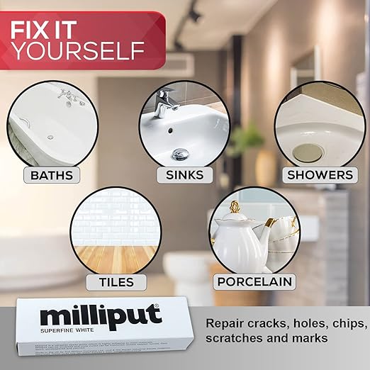 Milliput Plumbers Putty 10 Piece Set, Superfine White - with Sculpting Tools, Sanding Pad and Gloves - Ceramic Tile, Fiberglass Tub, Bath, Sink and Porcelain Repair Kit - 2 Part Epoxy Modeling Clay