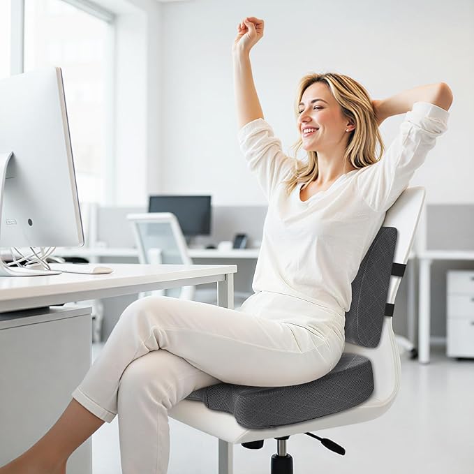 TushGuard Back&Seat Cushion, Car Seat Office Chair Cushions, Breathable Memory Foam Lumbar Back Support Pillow, Portable Airplane Seat Cushion for Travel, Computer Desk, Wheelchair, Driving (Grey)