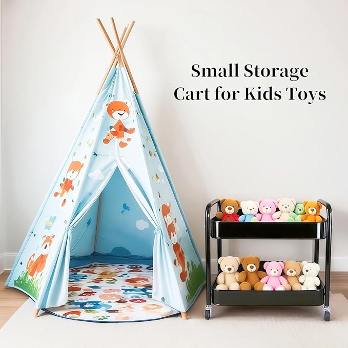 LIWNYRK 2 Tier Rolling Cart with Wheels for Under Desk Storage & Pantry Room, Large Capacity Laundry Room & Makeup Organizer, Sturdy Kitchen Utility Cart for Small Space with 4 Hooks, Black