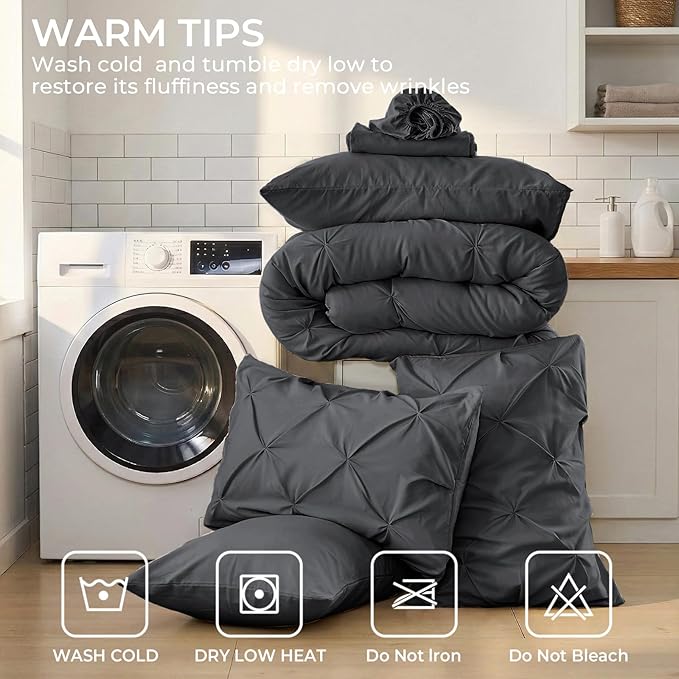 Sasttie California King Comforter Set, 7-Piece Bed in a Bag, Pintuck Bedding Sets for All Season, Includes Comforter, Flat Sheet, Fitted Sheet,Pillowcases and Pillowshams, Dark Grey