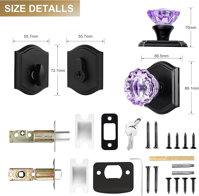 CLCTK Purple Crystal Glass Passage Door Knob and Single Cylinder Deadbolt Combo Set, Matte Black Finish