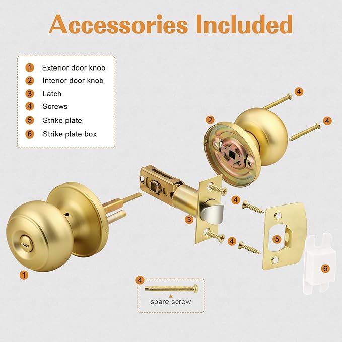 Probrico Brushed Brass Bed/Bath Knobs Keyless Privacy Interior Doors Locksets, Gold Door Knobs 5 Pack